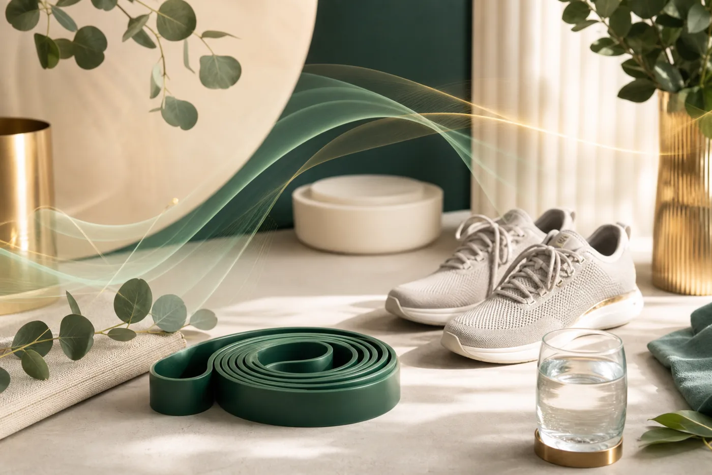 Calm joint comfort routine setup with shoes, water, and resistance band