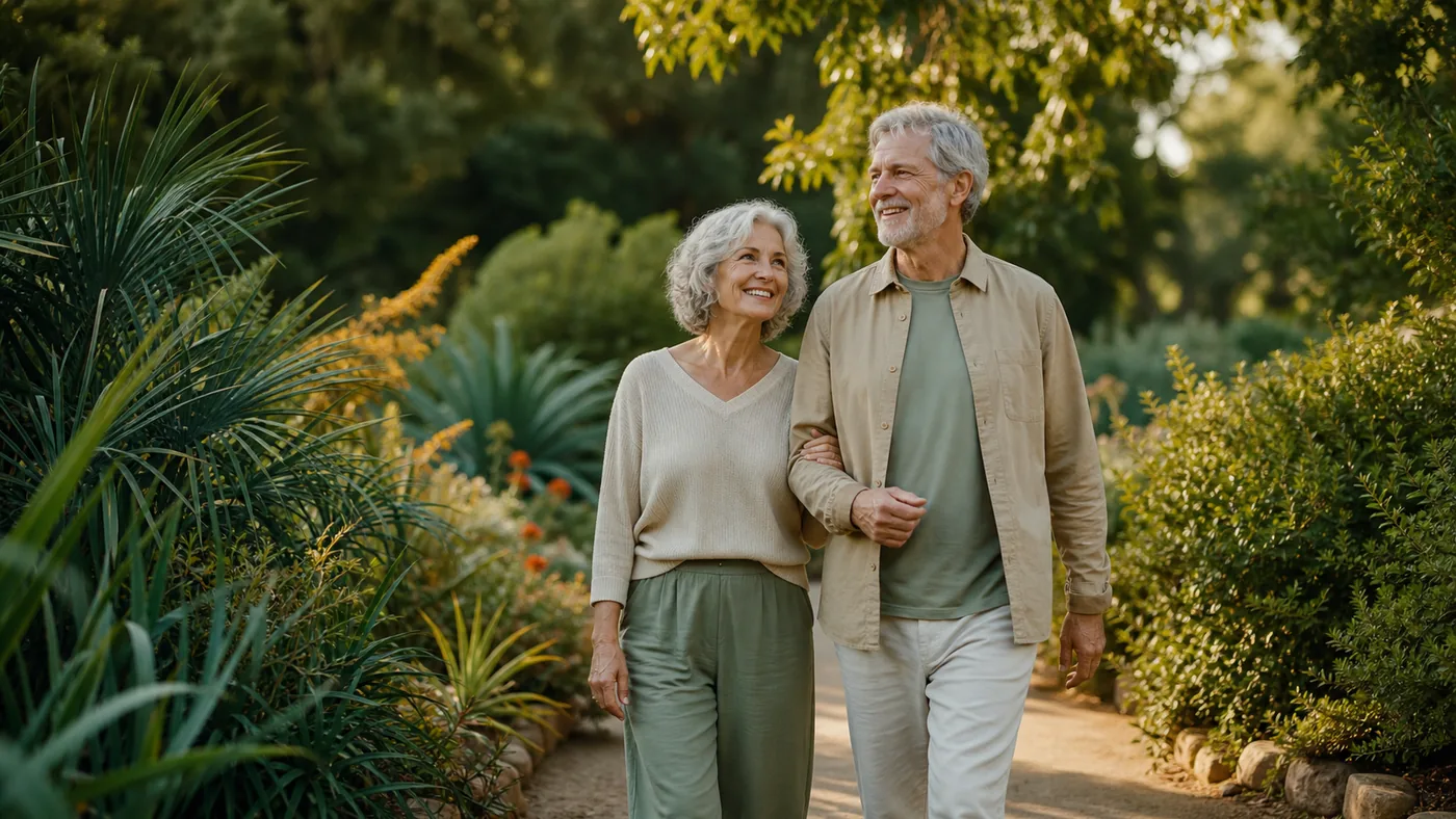 Older couple taking a gentle walk together in a green botanical garden