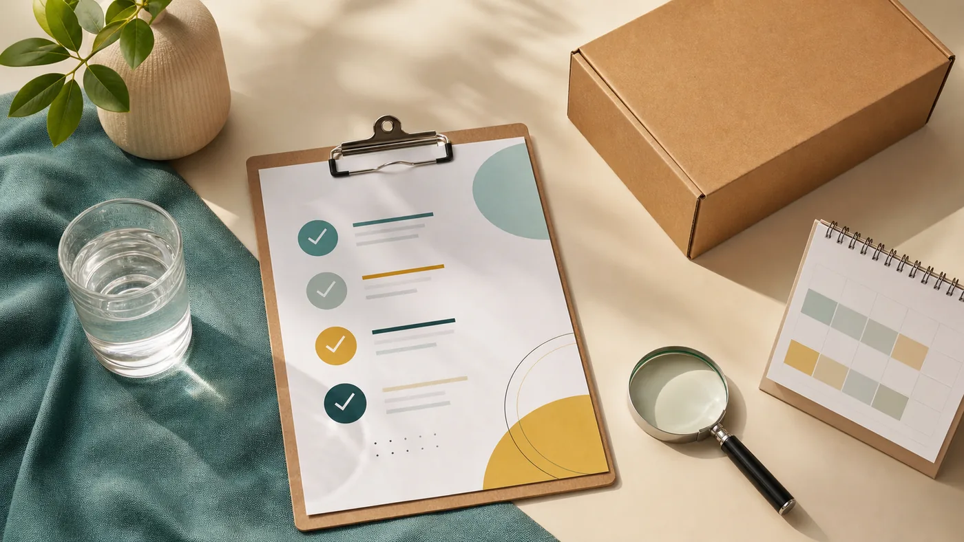 Unbranded buyer-decision desk with checklist, calendar, water, magnifier, and delivery box