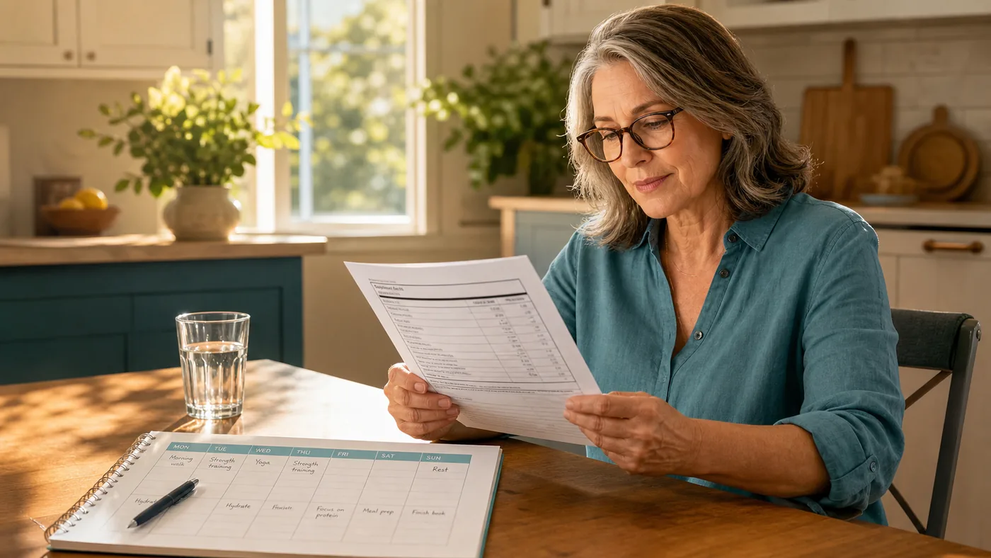 Mature adult reviewing an unbranded supplement checklist beside water and a routine planner